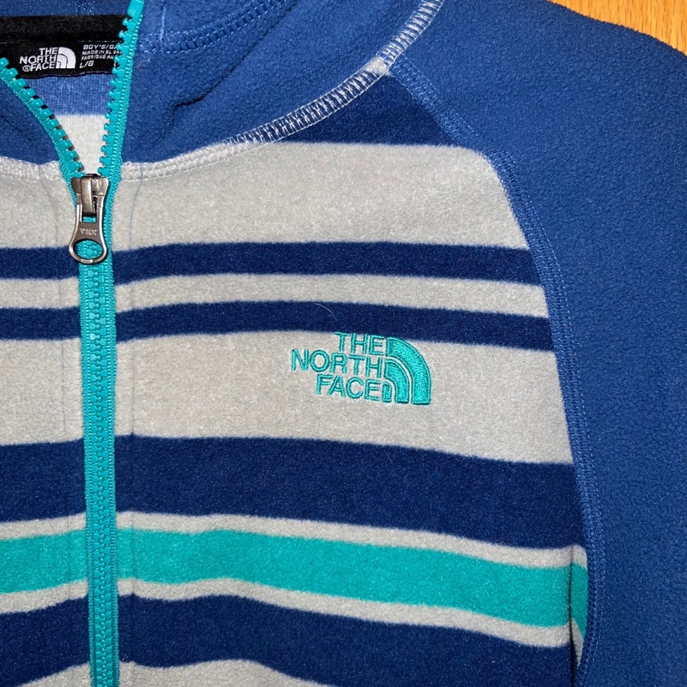 The North Face Fleece Hoodie Boys L 14/16 Blue Striped Full Zip Excellent Jacket - Picture 2 of 10